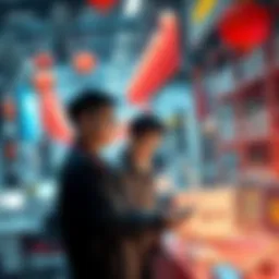 A dynamic scene showing a bustling tech hub in China with people collaborating on innovative projects, highlighting the influence of state-owned enterprises in technology advancement.