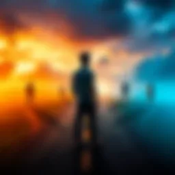 A person standing at a crossroads with multiple paths ahead, contemplating different life scenarios.