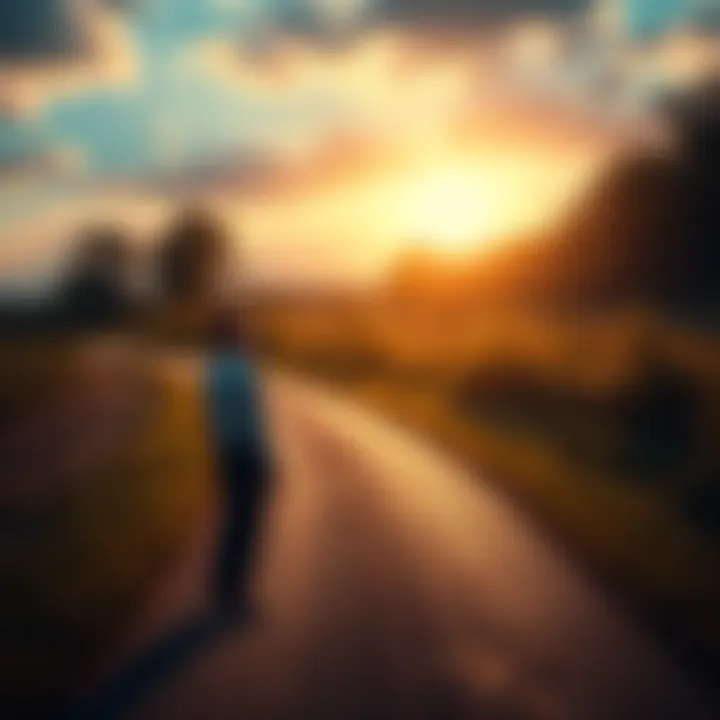 A person standing at a fork in the road, contemplating whether to take the long path or the short path, with trees and open sky in the background.