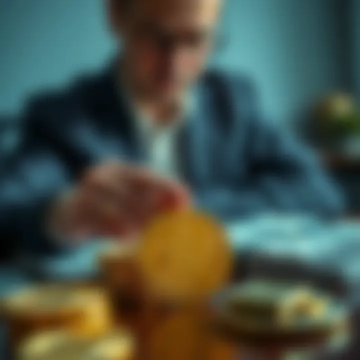 A person considering options for selling a house, looking at cash, gold bars, and a bitcoin symbol on a table