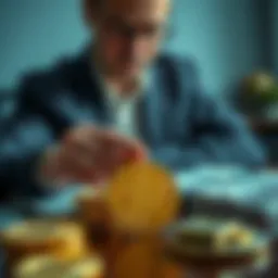 Choosing Between Cash, Gold, and Bitcoins A person considering options for selling a house, looking at cash, gold bars, and a bitcoin symbol on a table