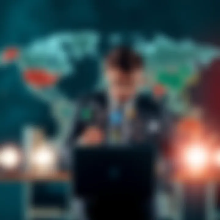 Choosing a CMS for Global Websites A business person analyzing different content management systems on a laptop with a world map in the background