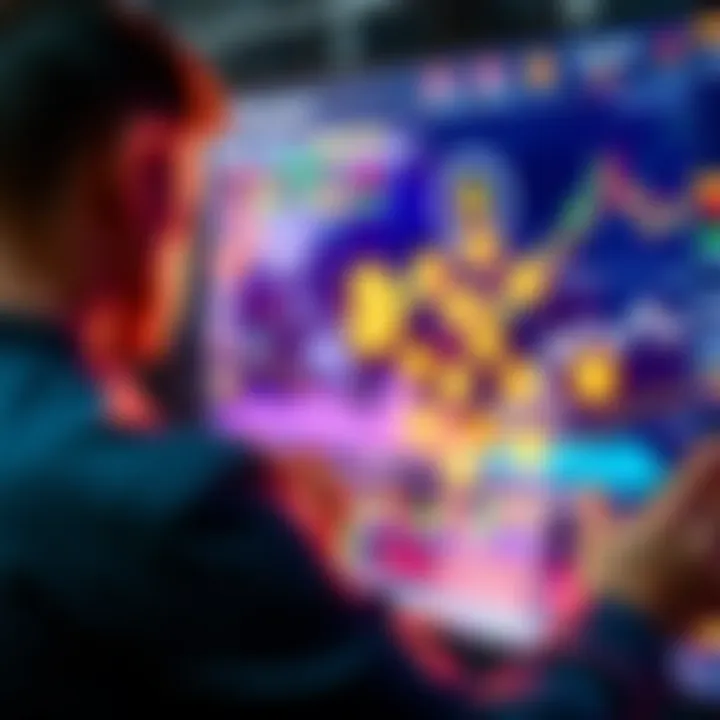 A person analyzing various cryptocurrency coins on a digital screen with charts and data.