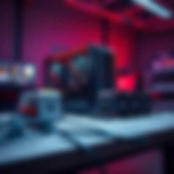 A comparison of a large mining rig and several smaller miners on a table with power cables.