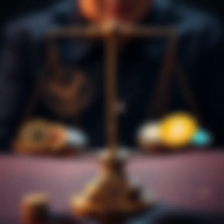 A person weighing different cryptocurrency coins on a scale, showing Bitcoin on one side and various altcoins like XRP on the other side.