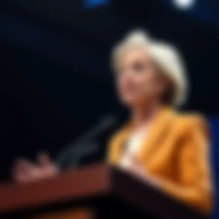 Christine Lagarde speaking at a podium, advocating for an independent EU payment platform