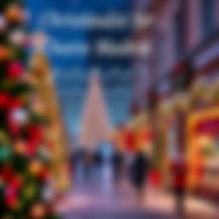 A festive scene with decorated Christmas trees, colorful lights, and people enjoying the holiday spirit.