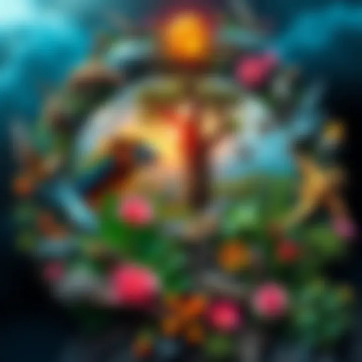 Circle of Life in Nature A vibrant ecosystem showcasing various plants, animals, and their interactions, highlighting the interconnectedness of life.