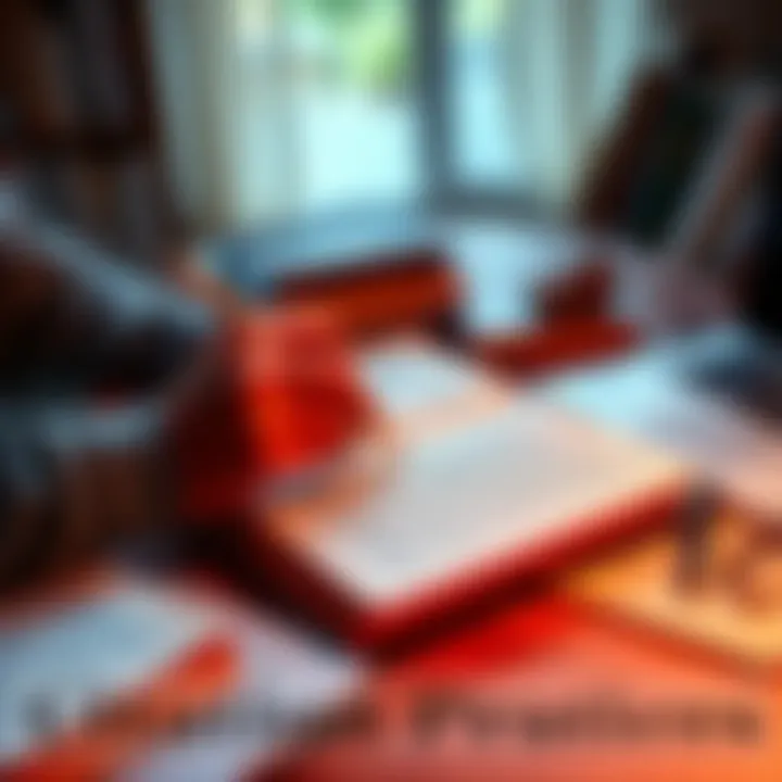 A person highlighting text in a book while taking notes, surrounded by reference materials and a laptop.