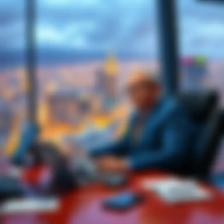 A city mayor seated at a desk with a cityscape in the background, discussing community issues, surrounded by documents and a laptop.