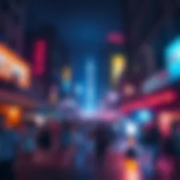 A vibrant city scene at night with people enjoying the nightlife, dancing and socializing under colorful lights.