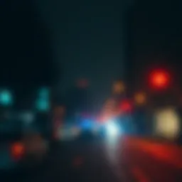 A city street at night lit by police lights, showing a sense of urgency and concern due to rising crime rates.