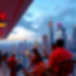 A vibrant city scene showing people relaxing with ice cream while enjoying the view from a high spot.