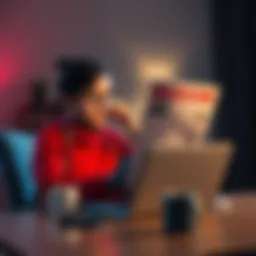 A person reading a news article on a laptop, looking puzzled, with a coffee mug beside them.