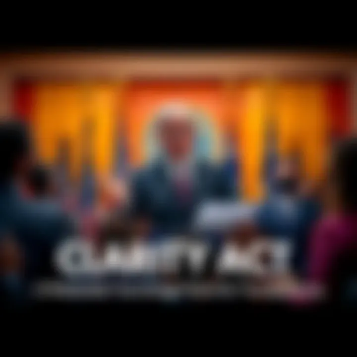 Clarity Act Announcement A government official presenting the Clarity Act at a press conference, with documents and charts in front of them
