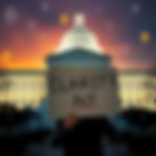 Crypto Regulations A person holding a sign that reads 'CLARITY Act' in front of a government building with crypto symbols in the background.