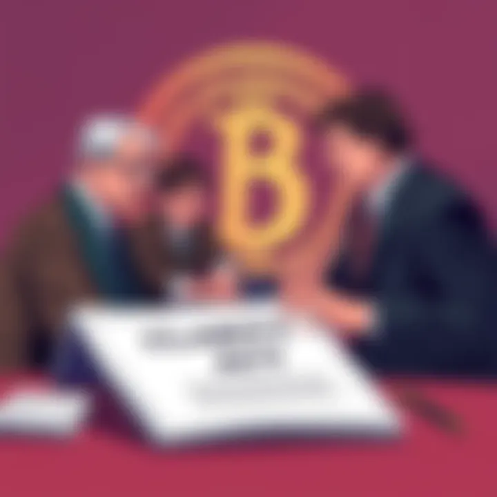 A group of lawmakers discussing over a document labeled 'CLARITY Act' with a cryptocurrency symbol in the background