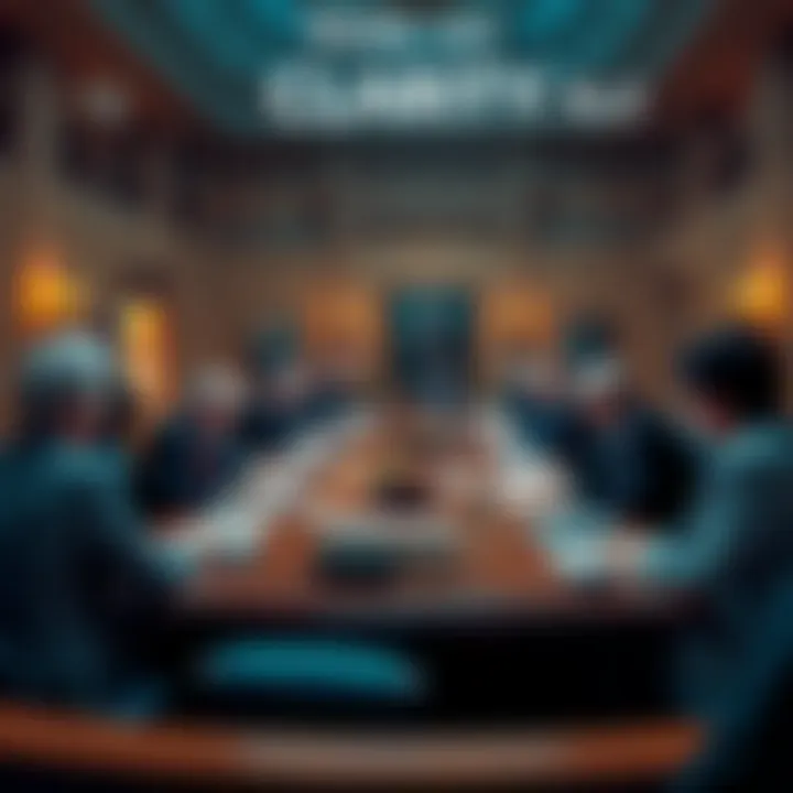 Senate Banking Committee discussing the CLARITY Act, with members seated around a table and documents on the surface, focusing on crypto regulations.