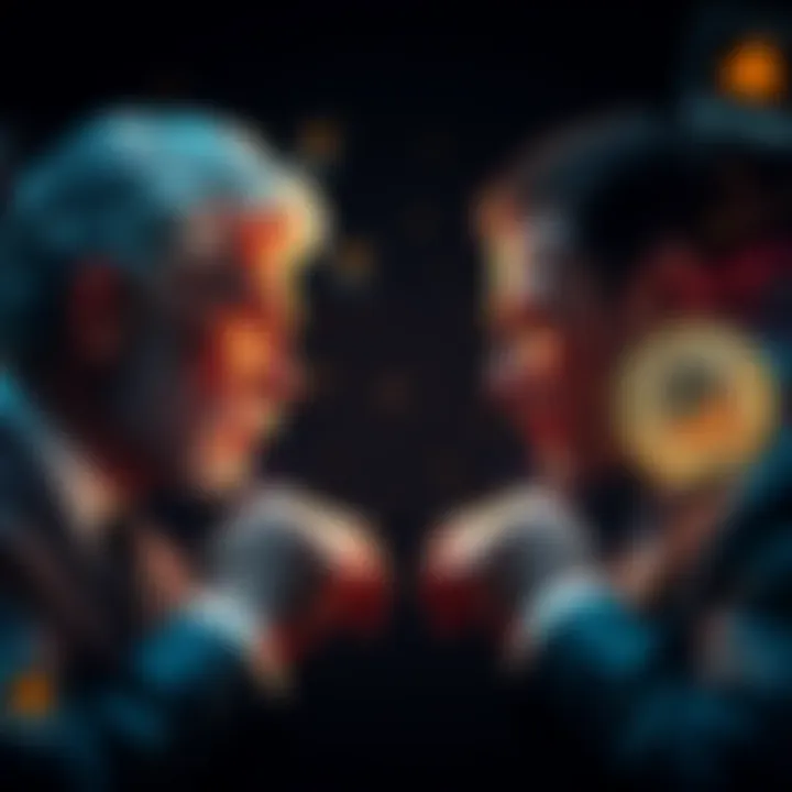 Two groups of investors, one with silver bars and the other with digital currency symbols, face off in a tense debate, illustrating the growing divide between traditional and digital assets in 2026.