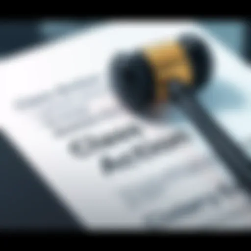 A gavel rests on a legal document with the words 'Class Action' highlighted, symbolizing the launch of a legal battle against a strategy firm.