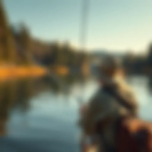 A person wearing a fishing hat is casting a line into a serene lake, surrounded by trees and fishing gear.