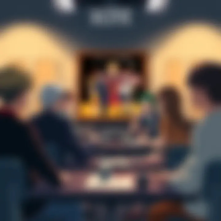 A group of people discussing anime opinions with a poster of Classroom of the Elite in the background.