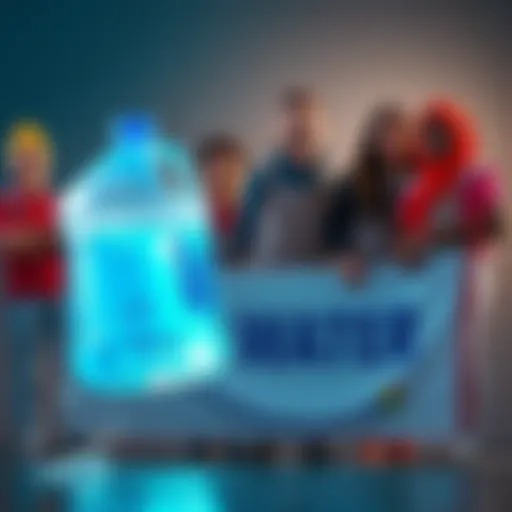 Volunteers holding a large water jug with a banner promoting clean water fundraising efforts