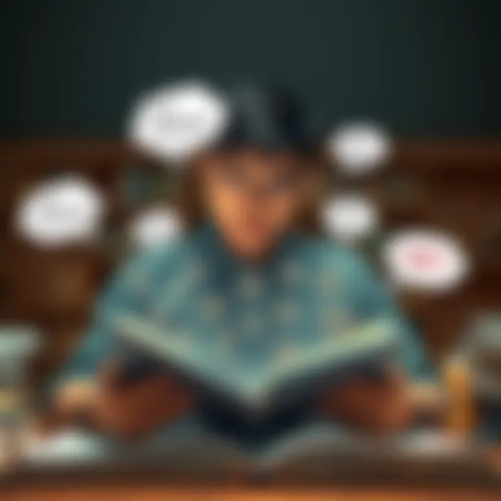 A person reading a book with key concepts highlighted, surrounded by thought bubbles illustrating simplified ideas, showing clarity in understanding.