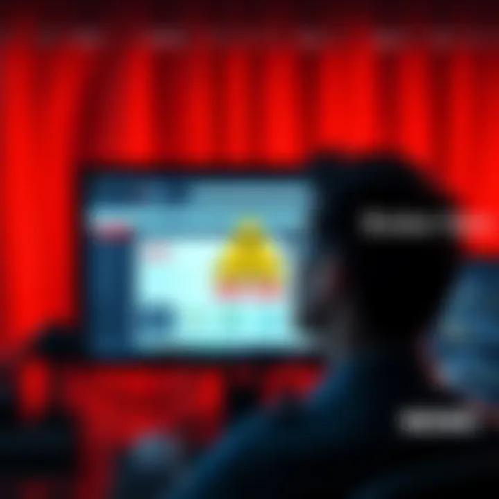 A frustrated person looking at a computer screen showing a currency exchange site with a warning sign, representing stolen funds