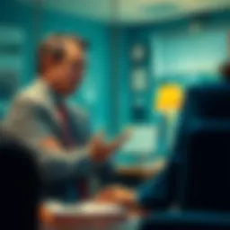 A worried client talking to a financial advisor in an office about cryptocurrency investment risks