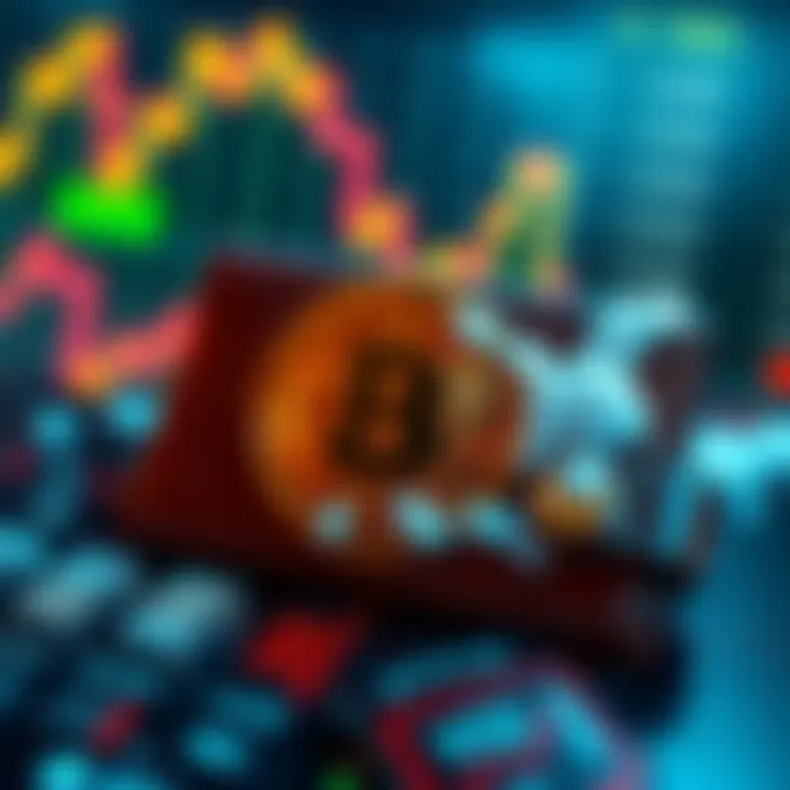 A graphic showing a downward trend in Bitcoin prices with a lock symbol over a digital wallet, indicating frozen transactions.