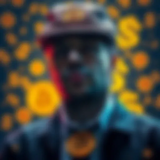 Clifton Collins, an Irish drug dealer, with a backdrop of Bitcoin symbols and dollar signs, representing the $400 million stash.