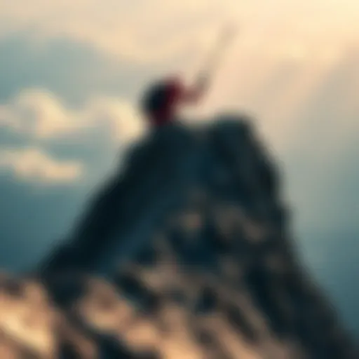 A determined individual conquering a steep mountain, symbolizing resilience and the journey to greatness.