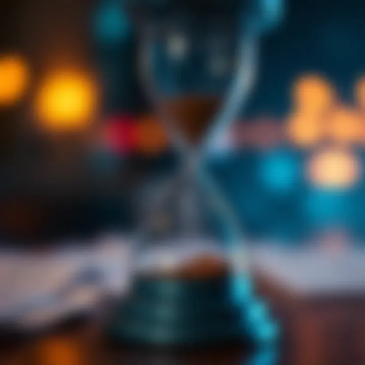 A close-up of an hourglass with sand flowing quickly, symbolizing the fast passage of time in modern life.
