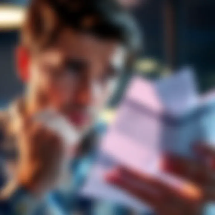 Person looking at a bank statement with a concerned expression, thinking about closing their account without incurring fees