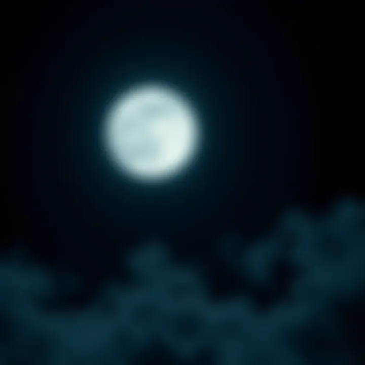Close Moon in the Night Sky A large full moon shining brightly in a dark sky, illuminating clouds and creating a serene atmosphere.
