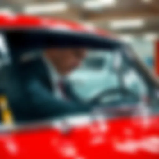 Close-Up Car Inspection A person examining a classic car closely, highlighting the details and condition of the vehicle.
