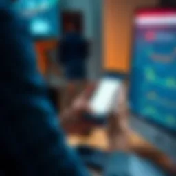 Person holding a smartphone while looking at financial records on a computer screen