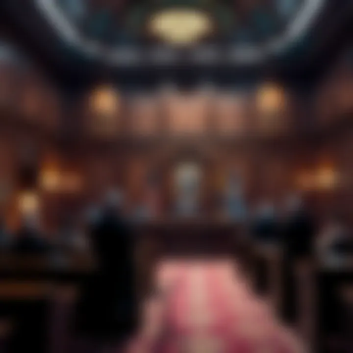 The courtroom with the prosecution team presenting closing statements in the Karony case, judges and jurors attentive