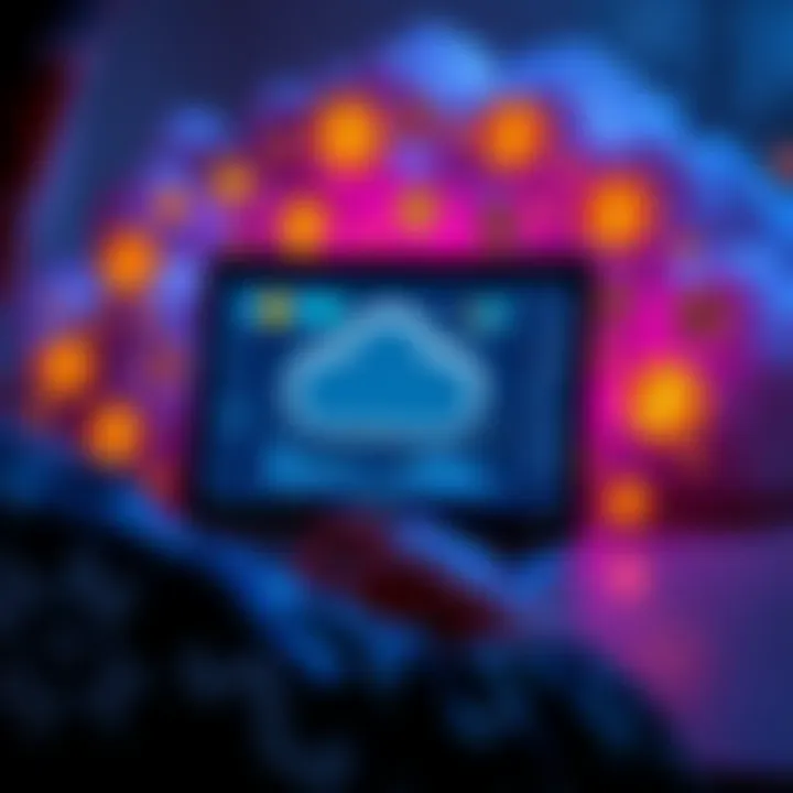 Cloud Mining Concept A person looking at a laptop with cloud mining graphics on the screen, surrounded by symbols of cryptocurrency