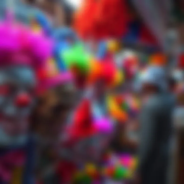A display of various colorful clown hats at a market booth, attracting buyers.