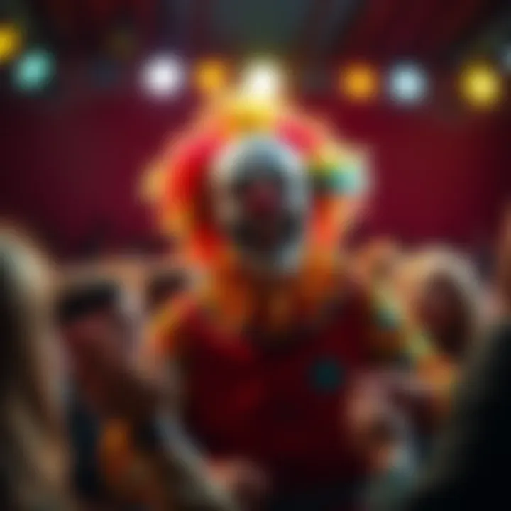 A colorful clown performing in front of an audience, engaging with laughter and excitement.