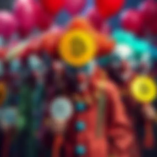 A group of clowns holding signs that say 'Bitcoin Predictions' and 'Scams', symbolizing the hype around cryptocurrency.