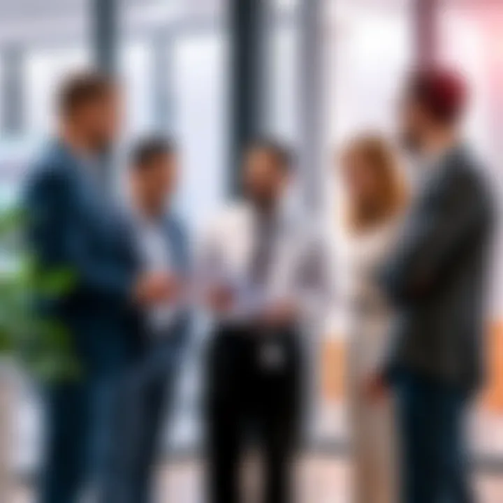 A team of business professionals discussing various content management systems in a modern office setting
