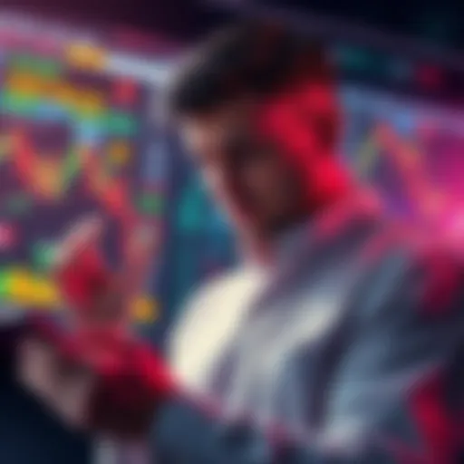 A worried investor looking at stock charts and blockchain graphics, symbolizing concerns about CNI's bankruptcy and market future.