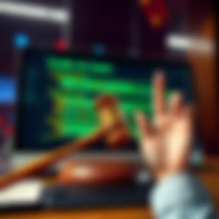 A digital screen displaying computer code alongside a gavel, symbolizing the intersection of technology and law, with a questioning hand raised.