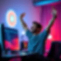 Coder Celebrating Success A person smiles and raises their arms in celebration next to a computer, symbolizing success after overcoming challenges in coding on Solana.