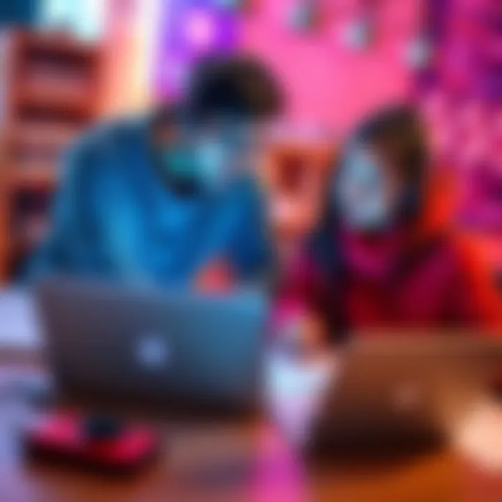 Two students collaborating on coding projects, focused on machine learning and data structures with laptops and papers around them.