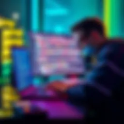 A software engineer focused on a laptop screen showing clean code without excess text