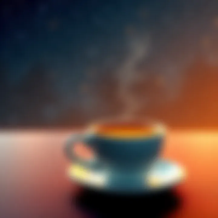 A steaming cup of coffee placed on a table with a starry night sky in the background, symbolizing dreams of space travel.